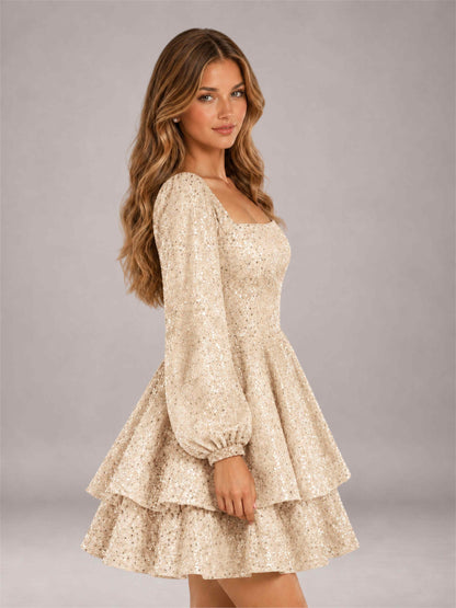 Champagne Velvet Sequin Square Neck Long Sleeves Mini Homecoming Dress