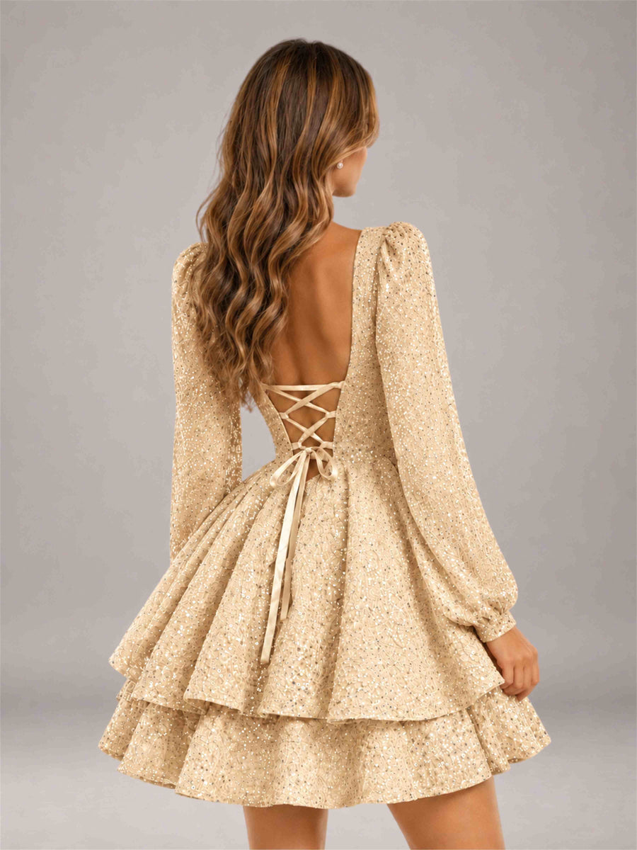 Champagne Velvet Sequin Square Neck Long Sleeves Mini Homecoming Dress