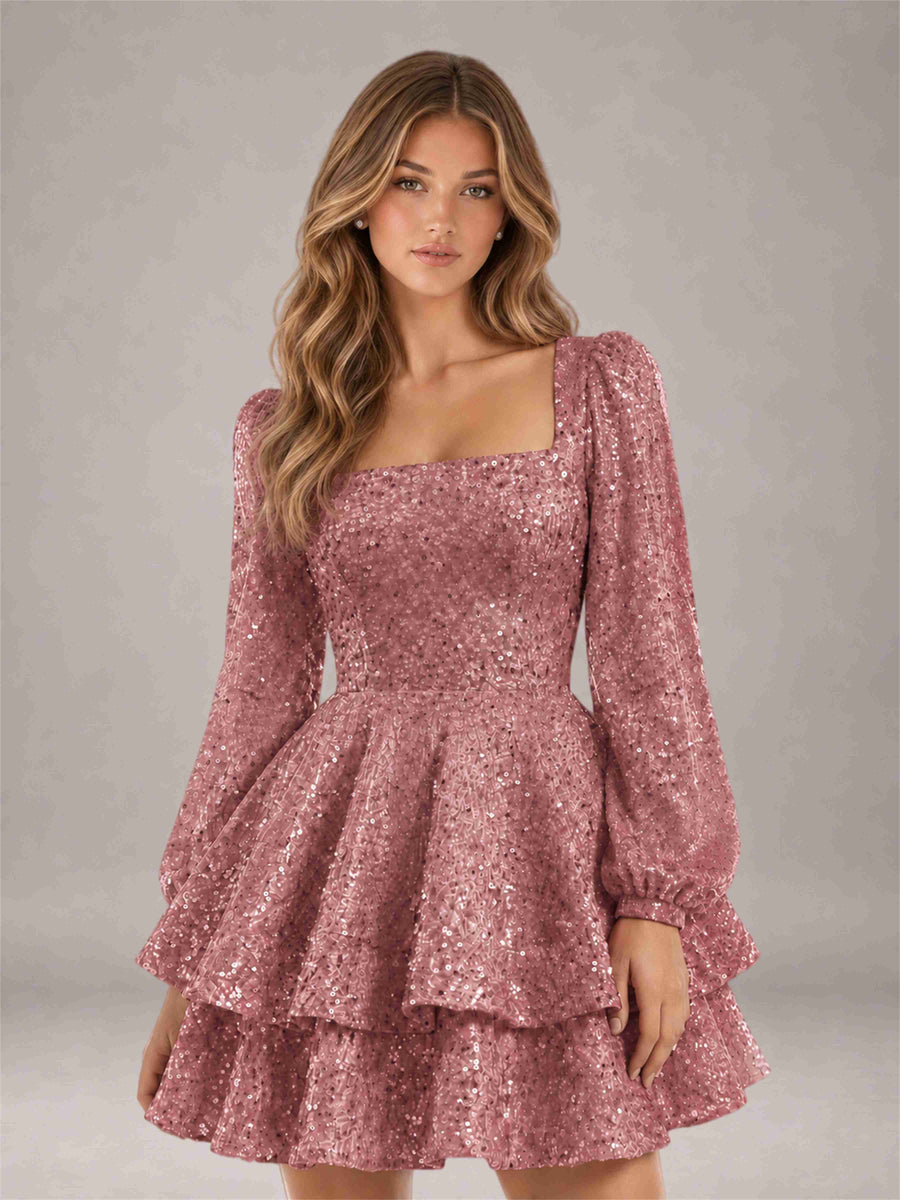 Dusty Rose Velvet Sequin Square Neck Long Sleeves Mini Homecoming Dress