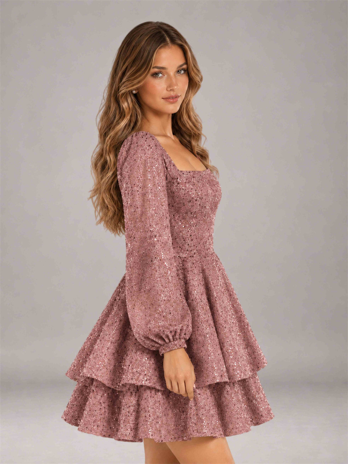 Dusty Rose Velvet Sequin Square Neck Long Sleeves Mini Homecoming Dress