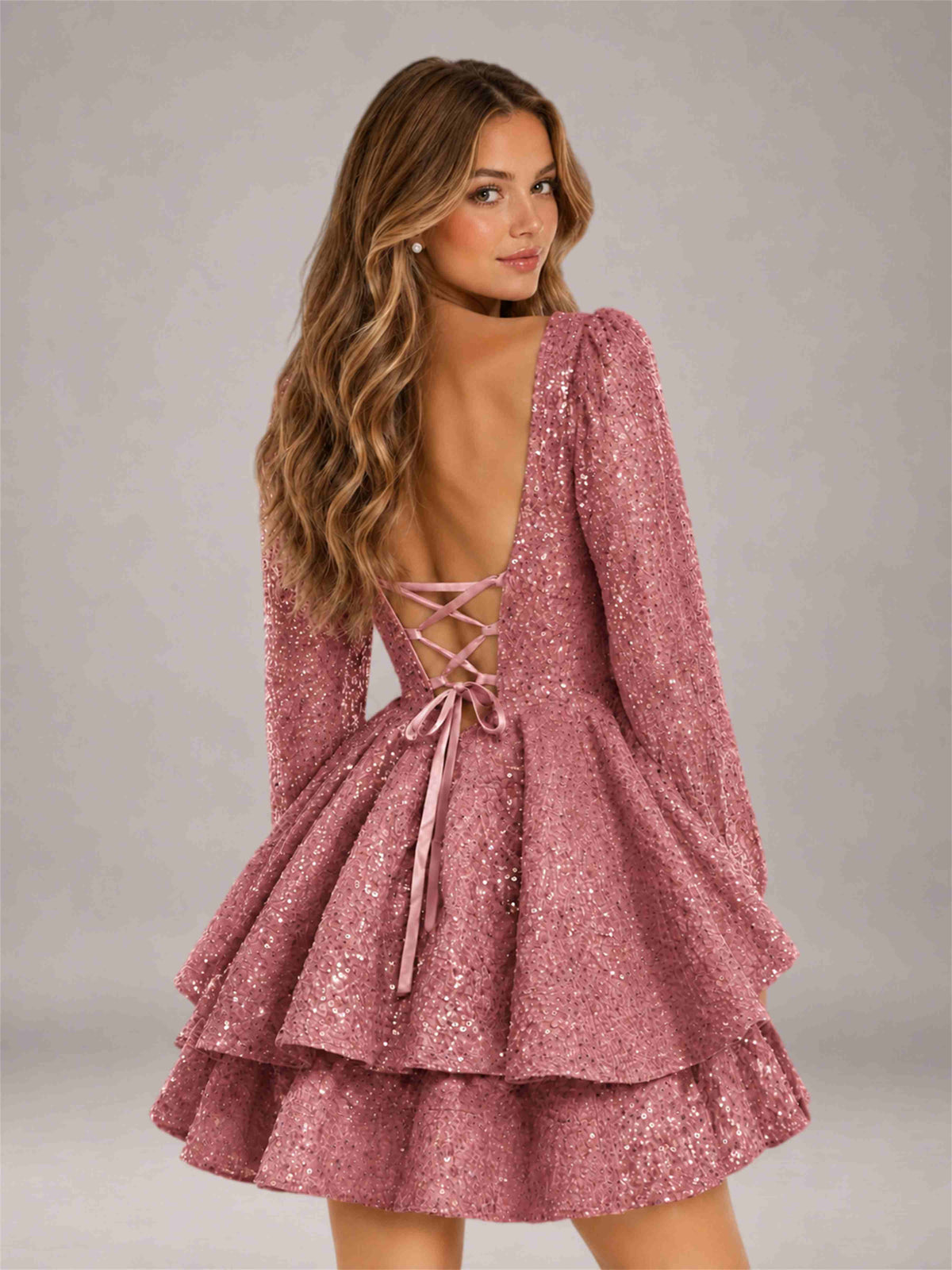 Dusty Rose Velvet Sequin Square Neck Long Sleeves Mini Homecoming Dress