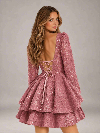 Dusty Rose Velvet Sequin Square Neck Long Sleeves Mini Homecoming Dress