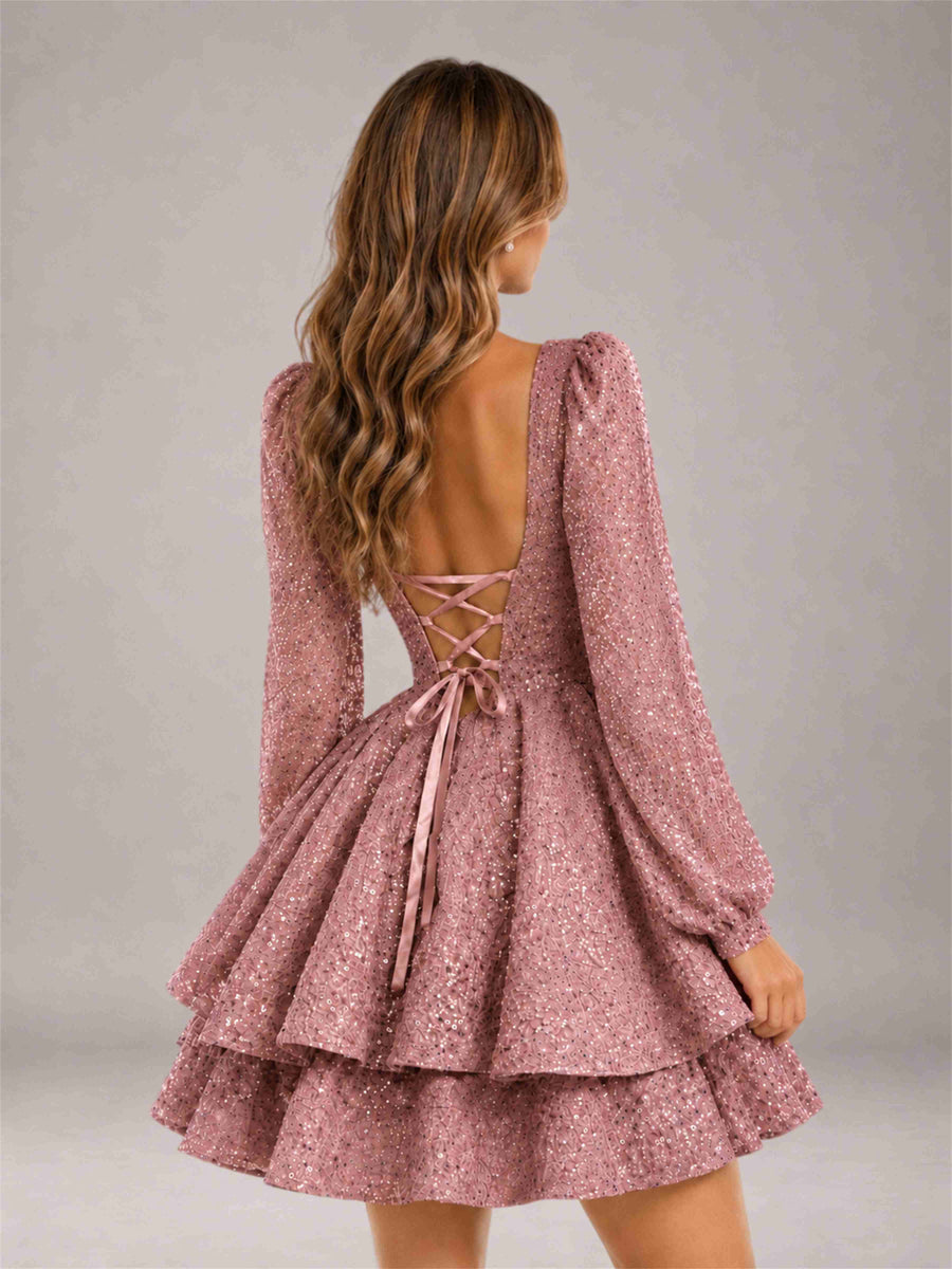 Dusty Rose Velvet Sequin Square Neck Long Sleeves Mini Homecoming Dress