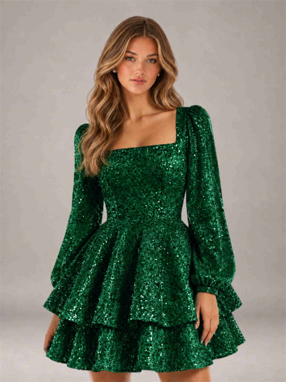 Emerald Green Velvet Sequin Square Neck Long Sleeves Mini Homecoming Dress