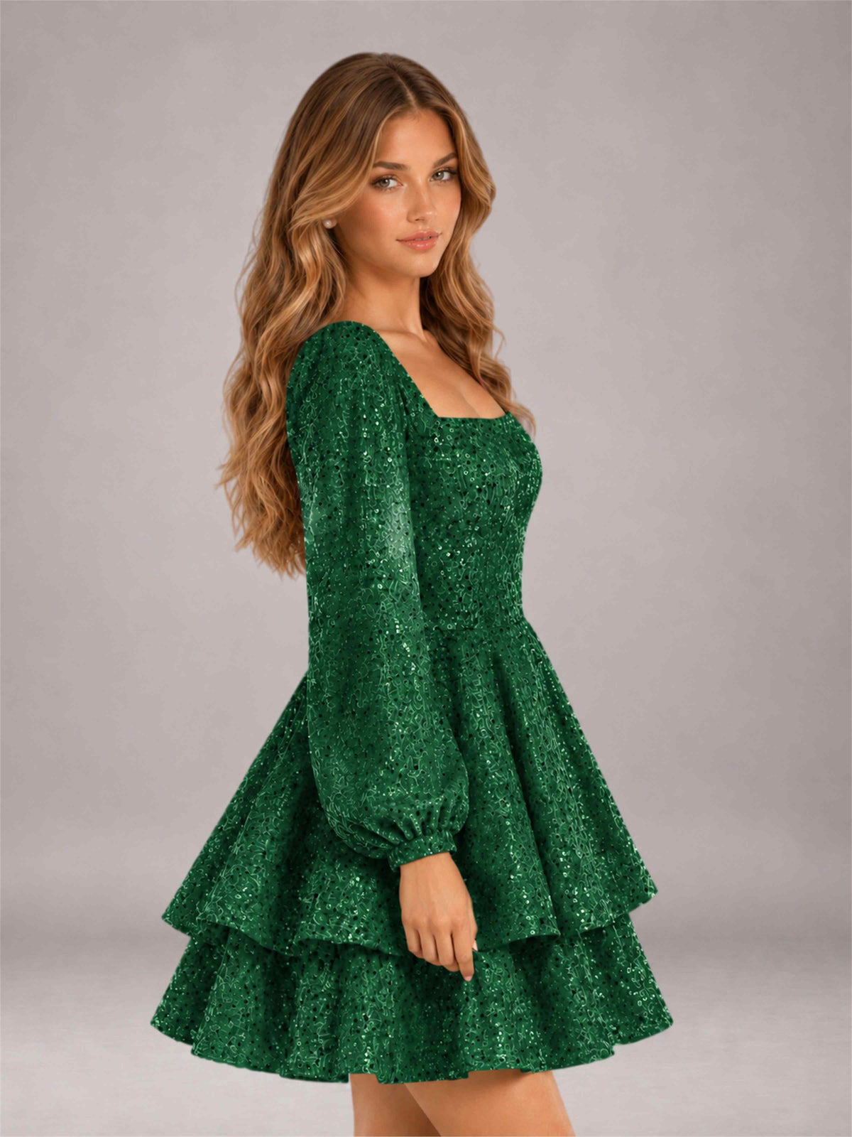 Emerald Green Velvet Sequin Square Neck Long Sleeves Mini Homecoming Dress