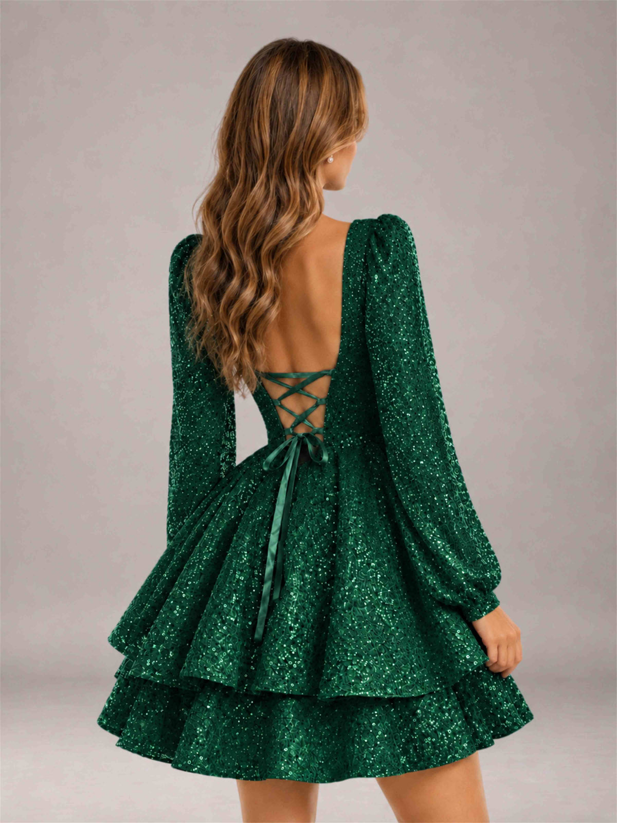 Emerald Green Velvet Sequin Square Neck Long Sleeves Mini Homecoming Dress