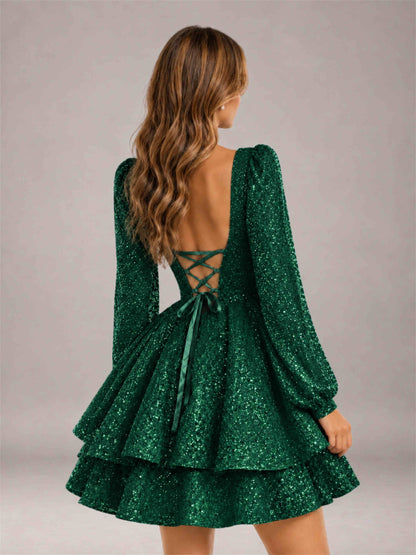 Emerald Green Velvet Sequin Square Neck Long Sleeves Mini Homecoming Dress