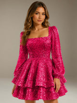 Free Shipping Velvet Sequin Square Neck Long Sleeves Mini Homecoming Dress