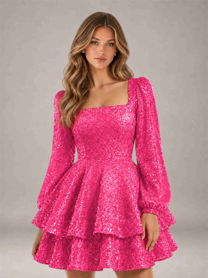 Hot Pink Velvet Sequin Square Neck Long Sleeves Mini Homecoming Dress