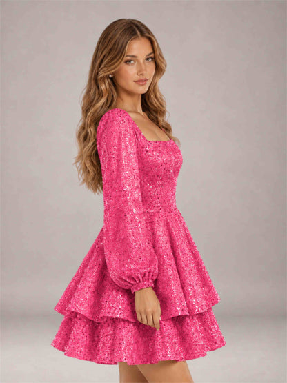 Hot Pink Velvet Sequin Square Neck Long Sleeves Mini Homecoming Dress
