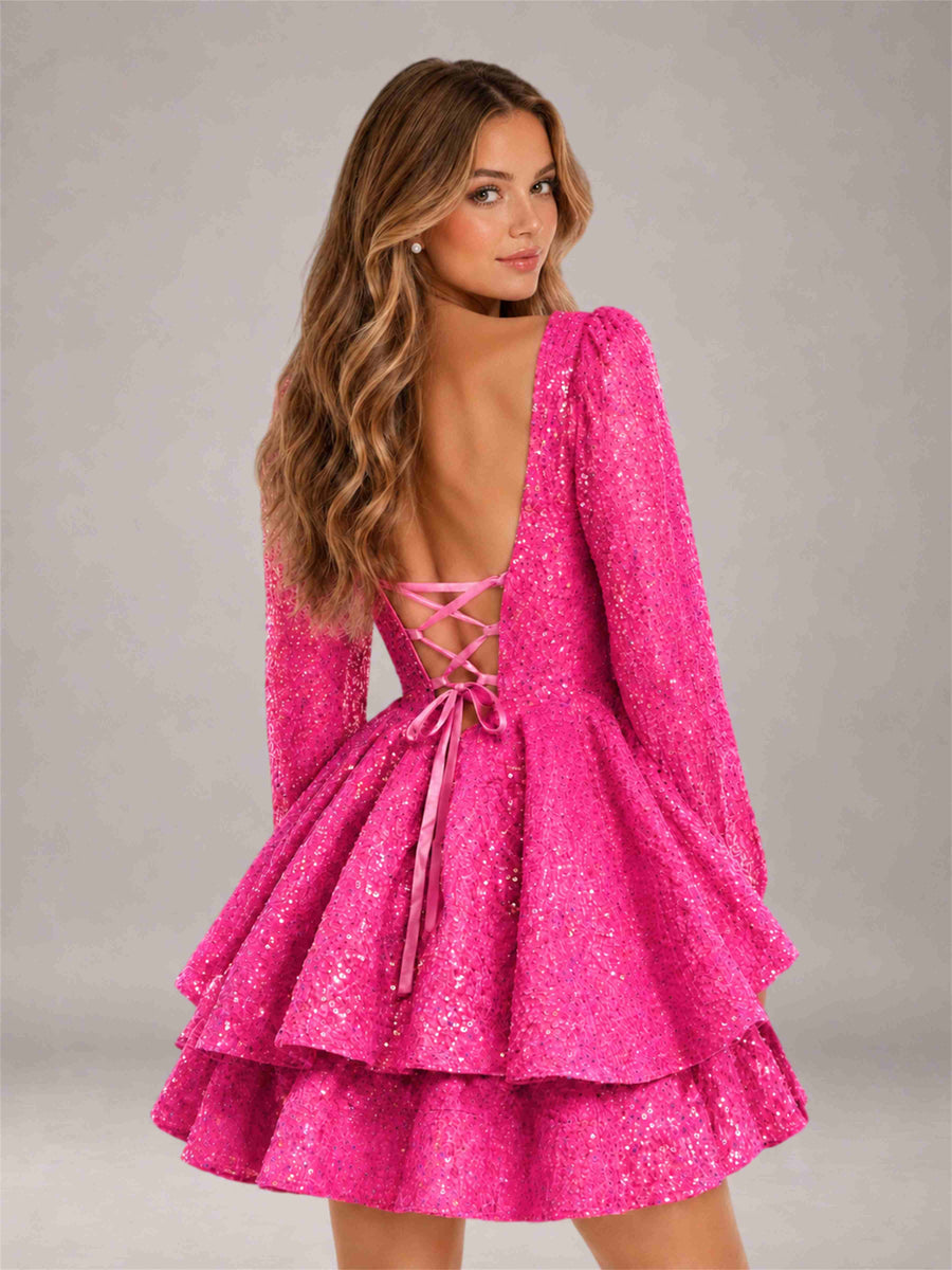 Hot Pink Velvet Sequin Square Neck Long Sleeves Mini Homecoming Dress