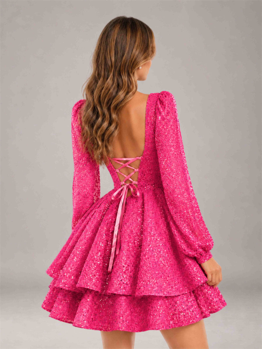 Hot Pink Velvet Sequin Square Neck Long Sleeves Mini Homecoming Dress