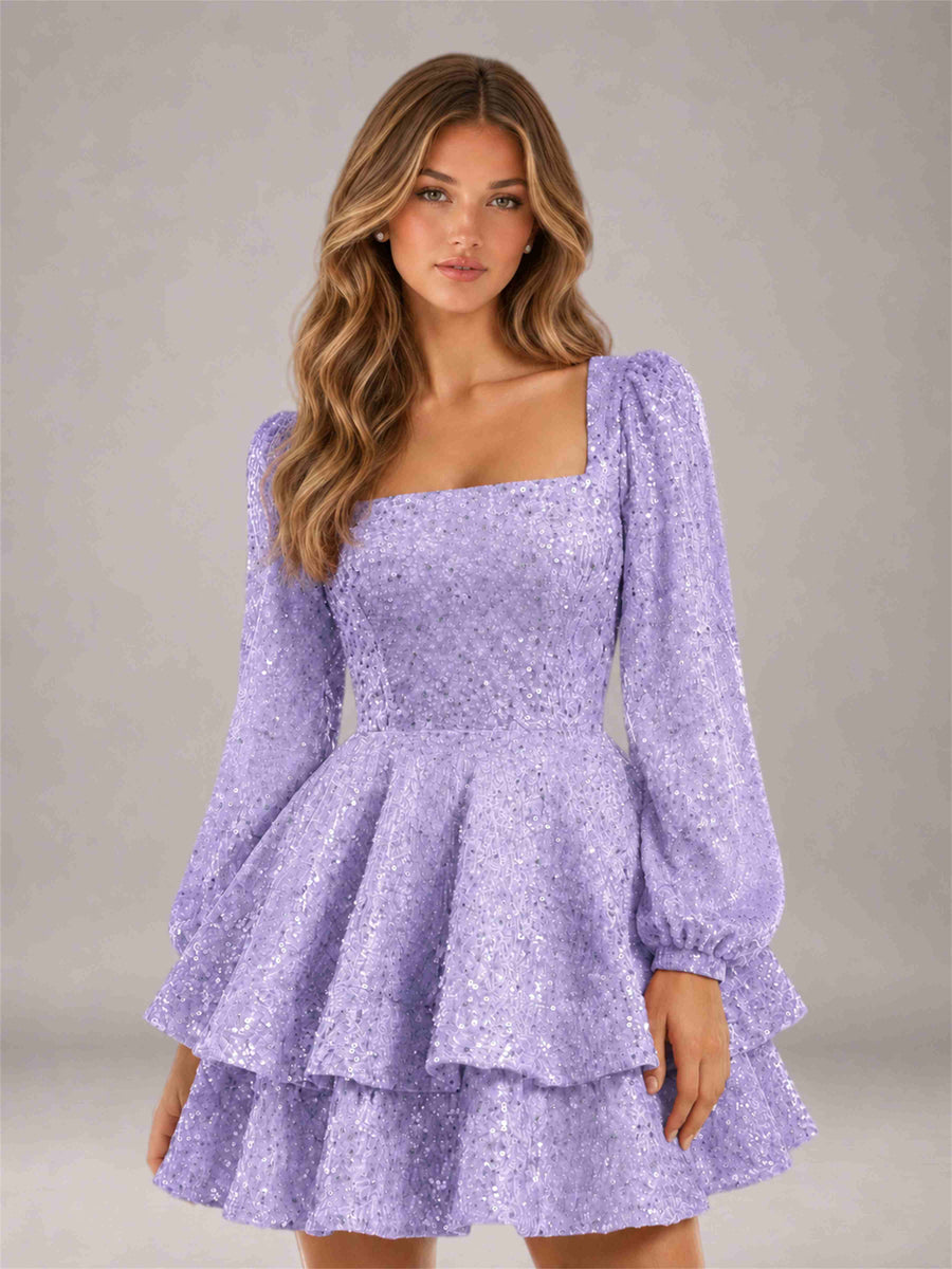 Lavender Velvet Sequin Square Neck Long Sleeves Mini Homecoming Dress