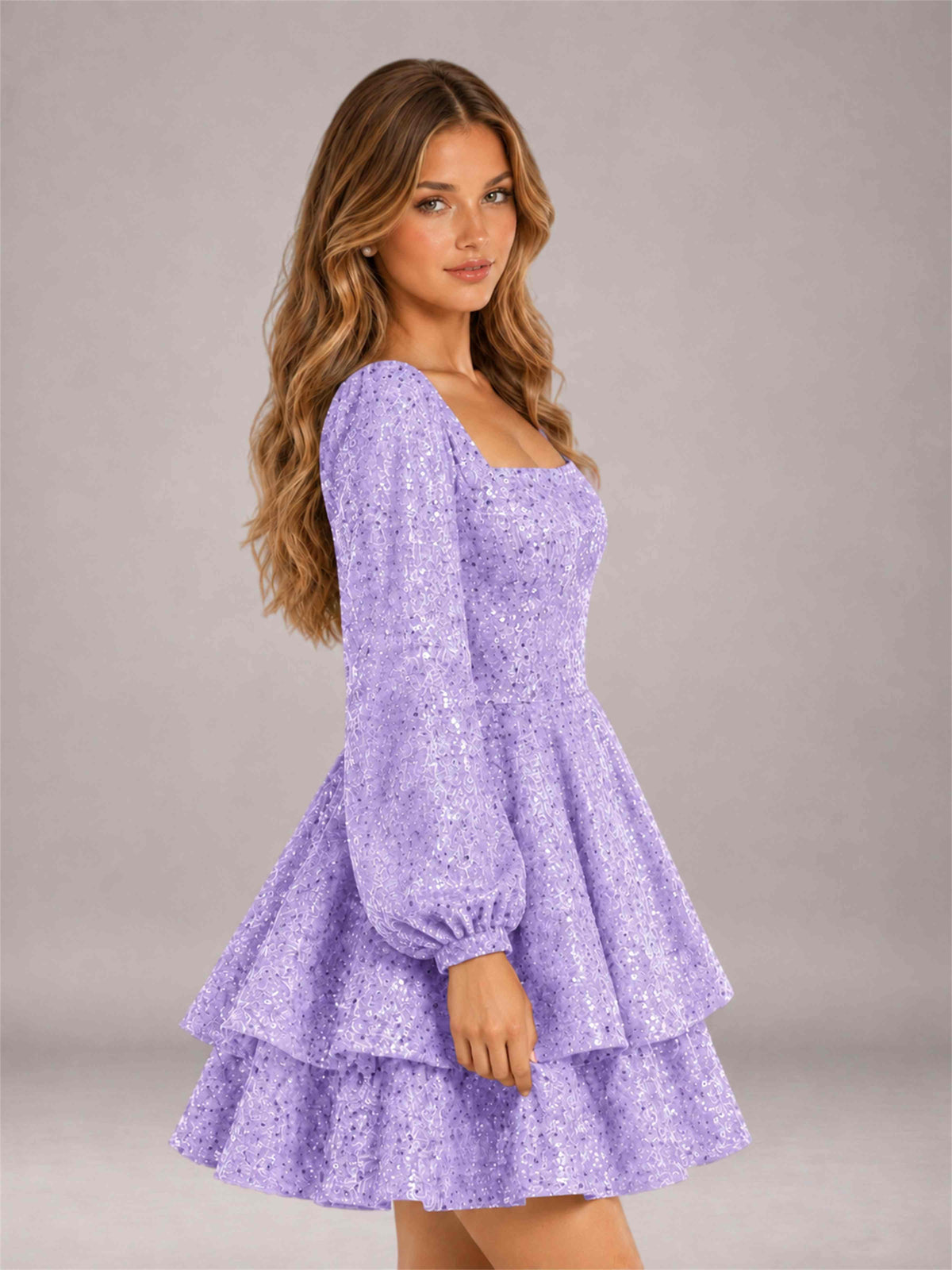 Lavender Velvet Sequin Square Neck Long Sleeves Mini Homecoming Dress