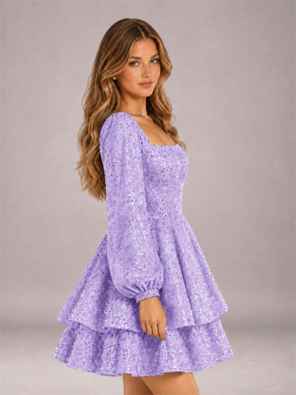 Lavender Velvet Sequin Square Neck Long Sleeves Mini Homecoming Dress