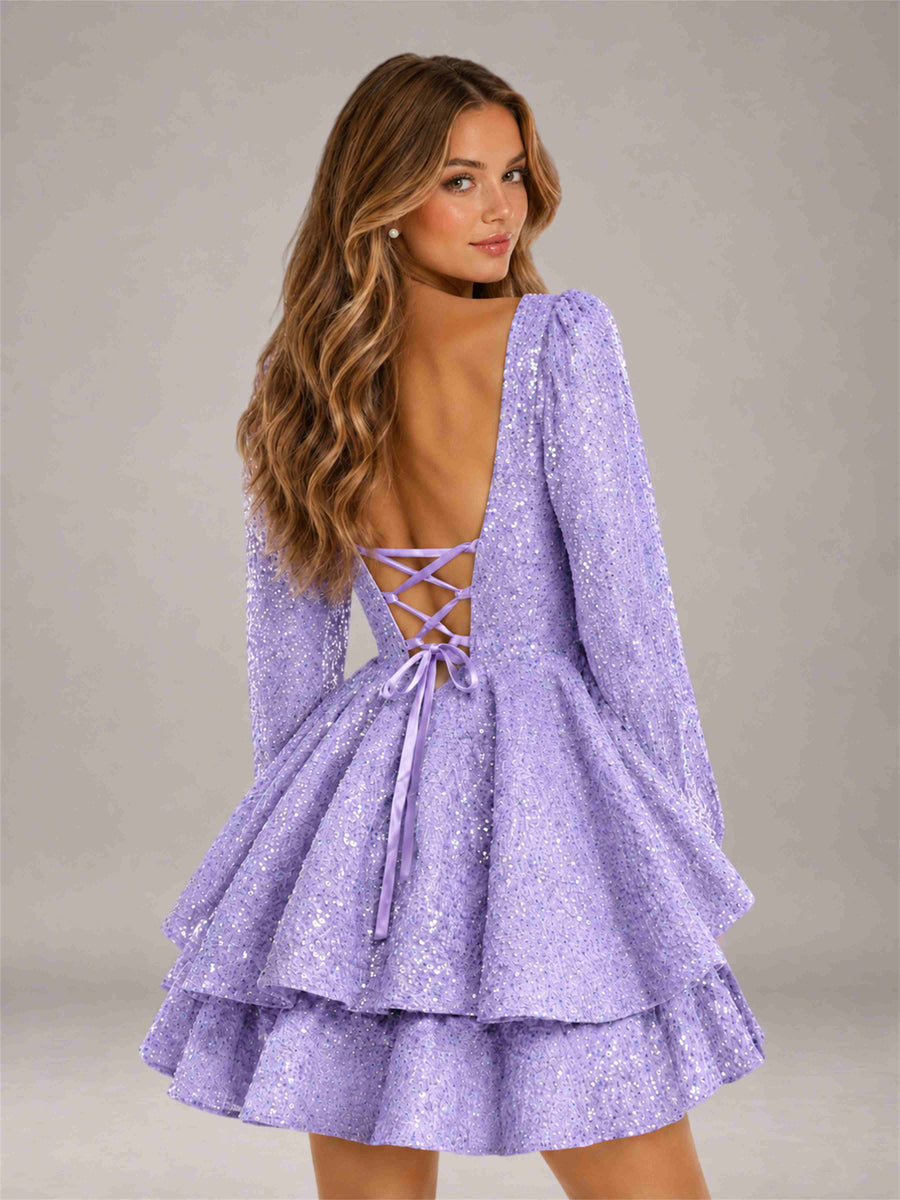 Lavender Velvet Sequin Square Neck Long Sleeves Mini Homecoming Dress