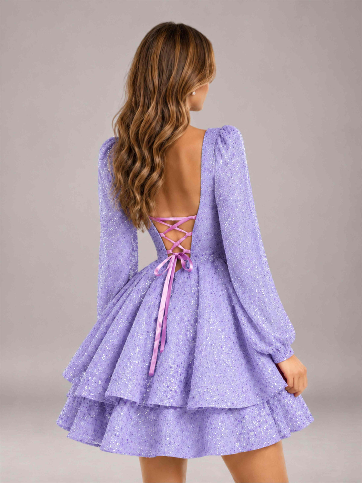 Lavender Velvet Sequin Square Neck Long Sleeves Mini Homecoming Dress