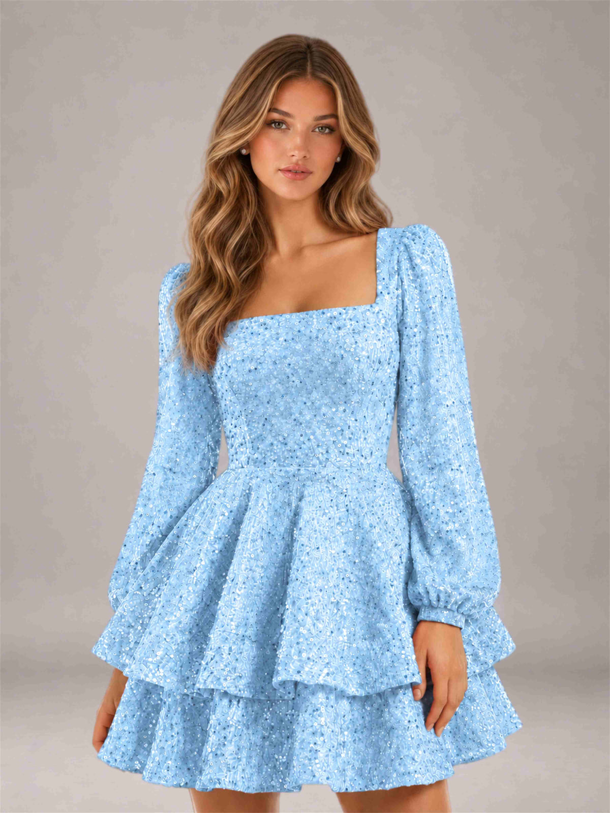 Light Blue Velvet Sequin Square Neck Long Sleeves Mini Homecoming Dress