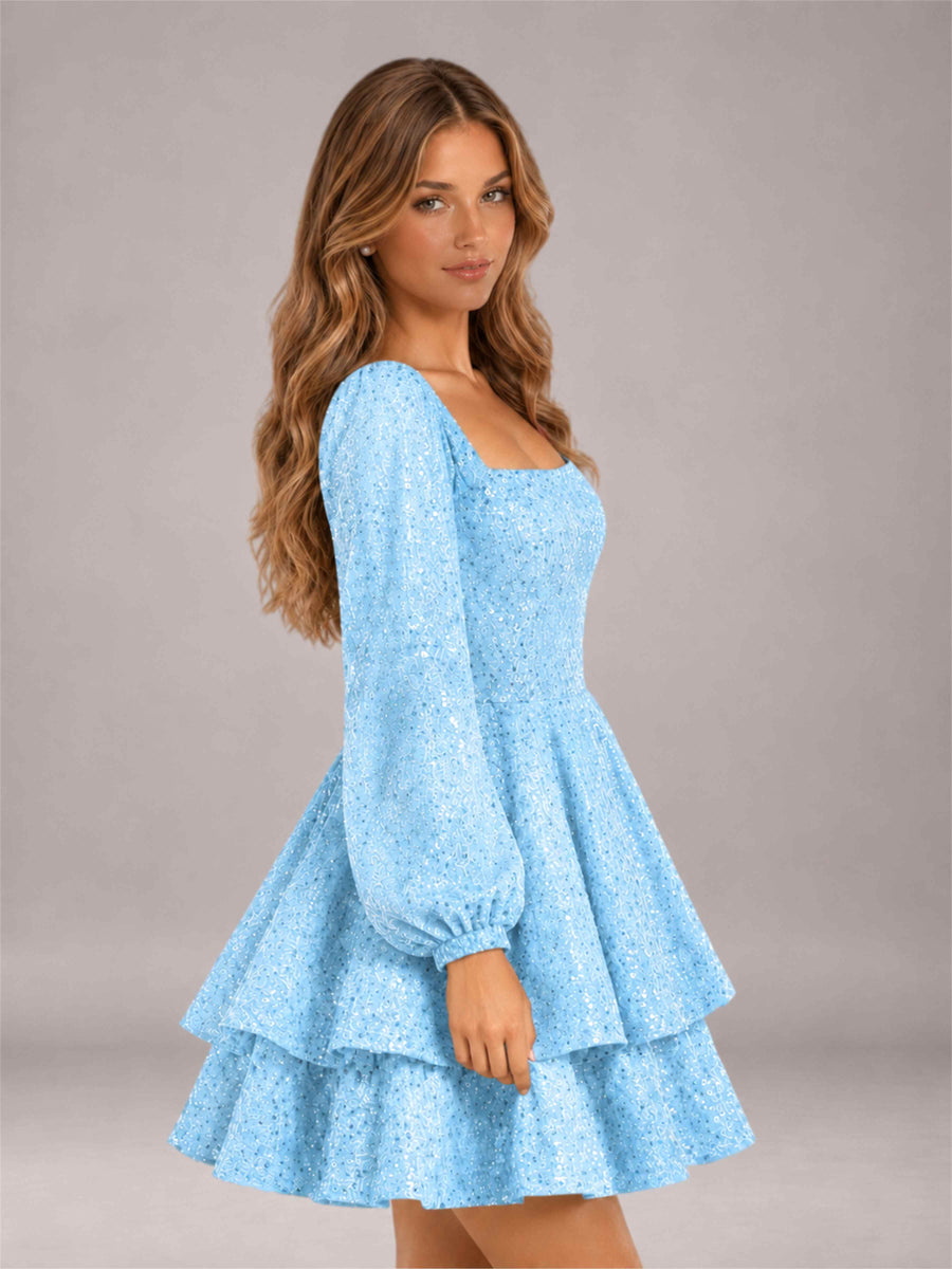 Light Blue Velvet Sequin Square Neck Long Sleeves Mini Homecoming Dress