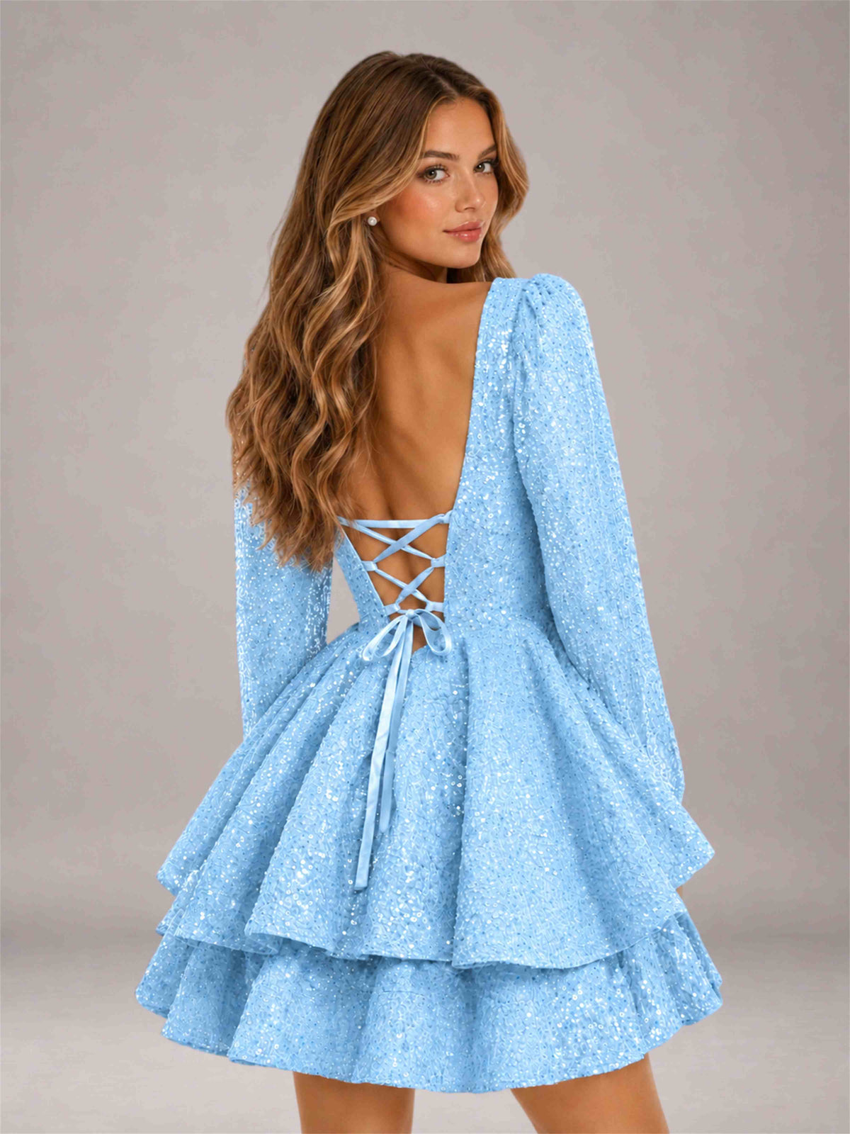 Light Blue Velvet Sequin Square Neck Long Sleeves Mini Homecoming Dress