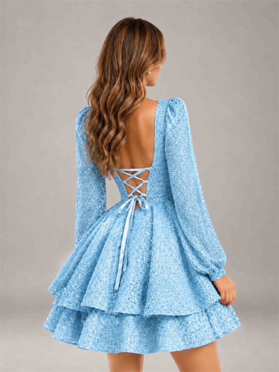 Light Blue Velvet Sequin Square Neck Long Sleeves Mini Homecoming Dress