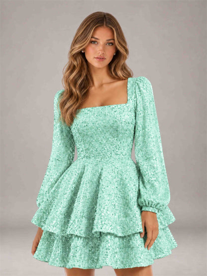 Mint Green Velvet Sequin Square Neck Long Sleeves Mini Homecoming Dress