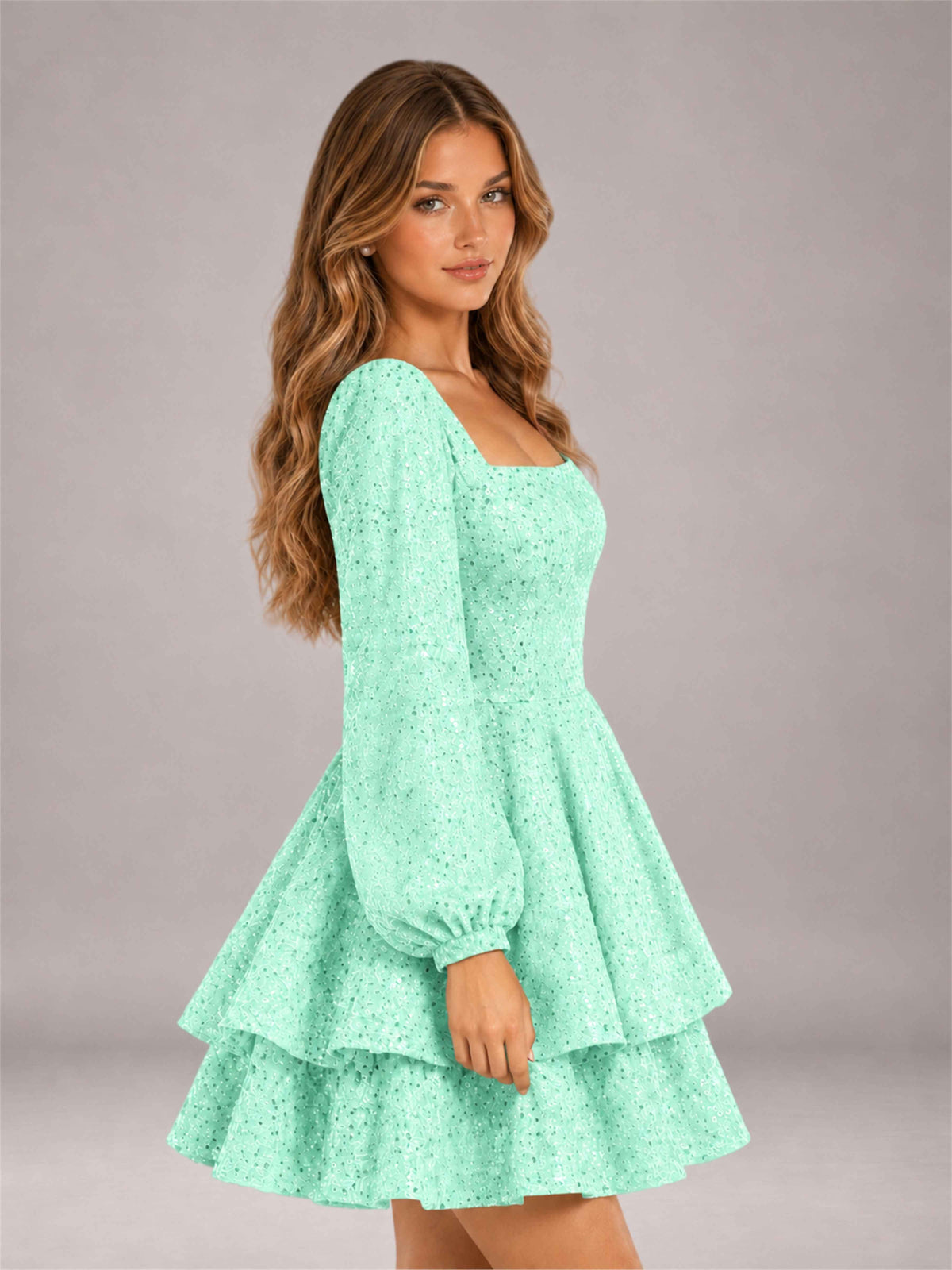 Mint Green Velvet Sequin Square Neck Long Sleeves Mini Homecoming Dress