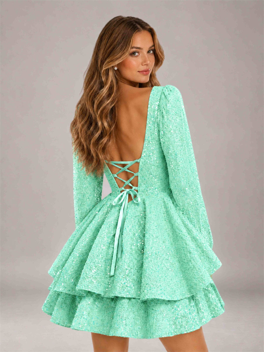 Mint Green Velvet Sequin Square Neck Long Sleeves Mini Homecoming Dress