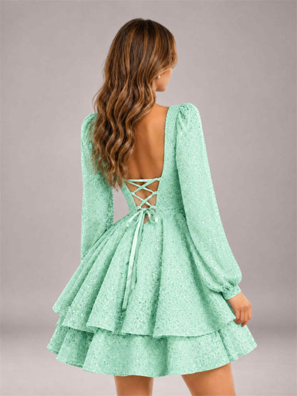 Mint Green Velvet Sequin Square Neck Long Sleeves Mini Homecoming Dress