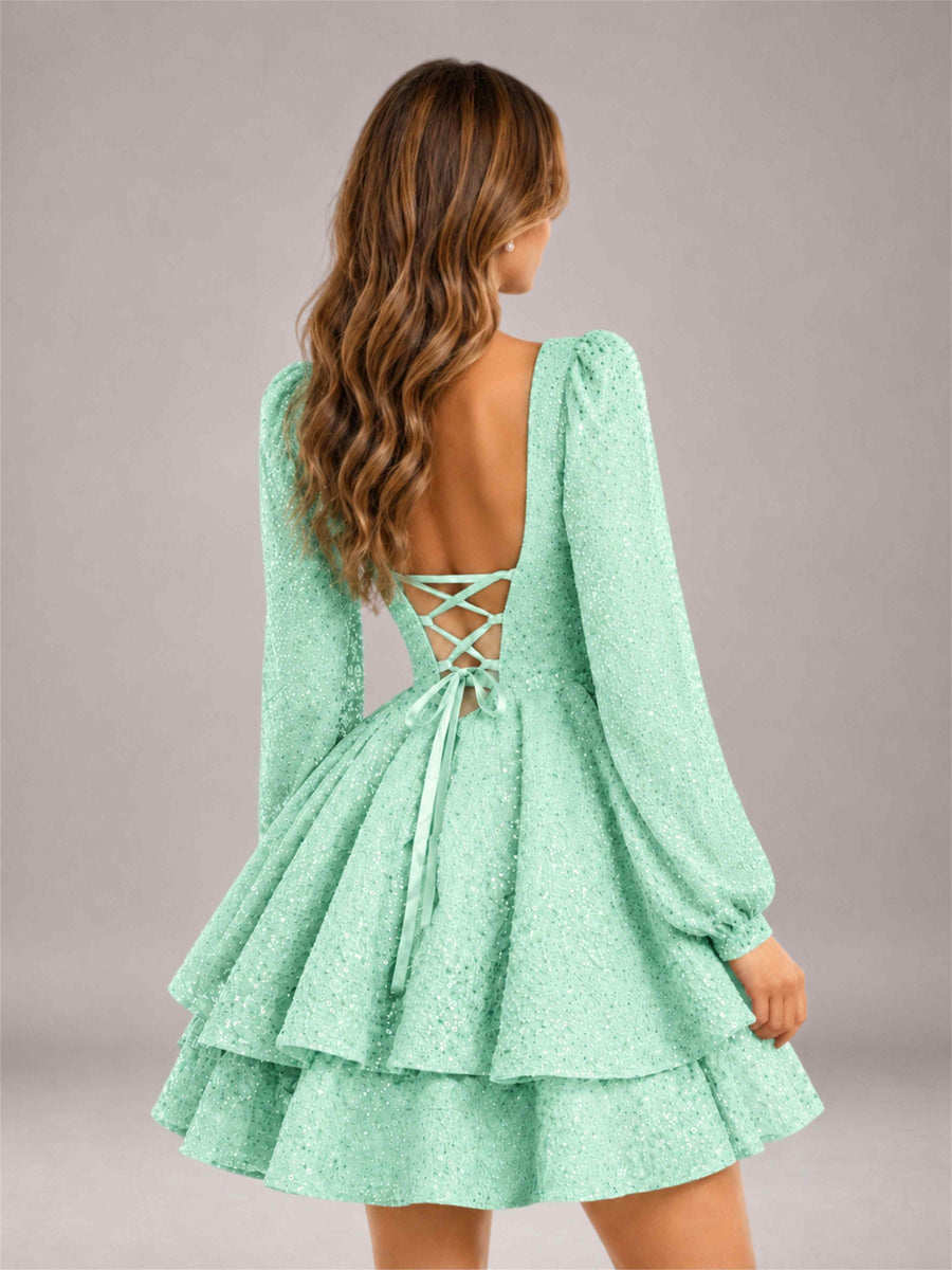 Mint Green Velvet Sequin Square Neck Long Sleeves Mini Homecoming Dress
