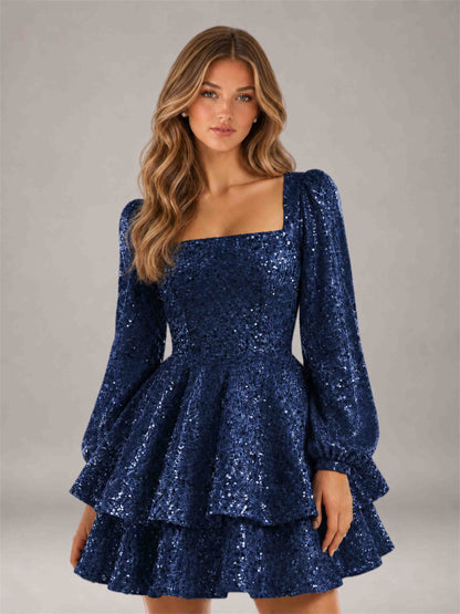 Navy Blue Velvet Sequin Square Neck Long Sleeves Mini Homecoming Dress