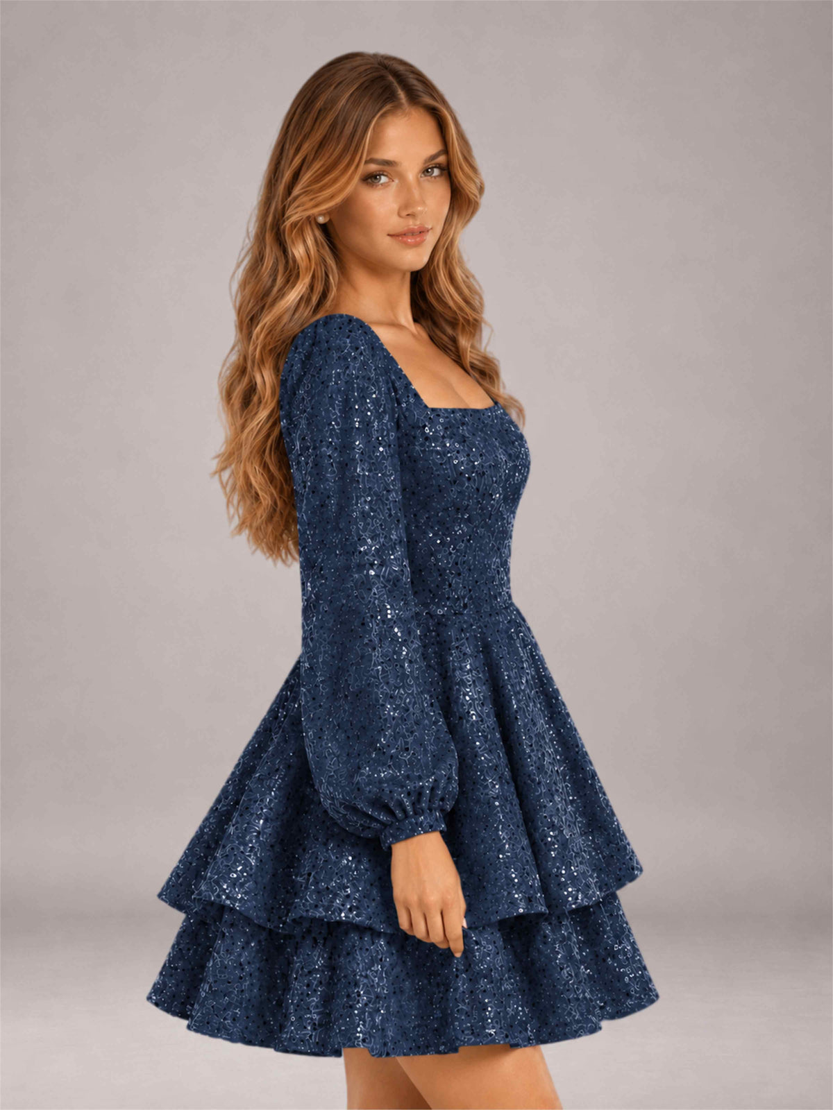 Navy Blue Velvet Sequin Square Neck Long Sleeves Mini Homecoming Dress
