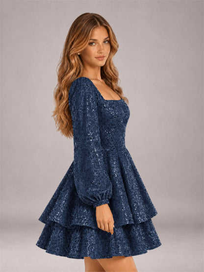 Navy Blue Velvet Sequin Square Neck Long Sleeves Mini Homecoming Dress