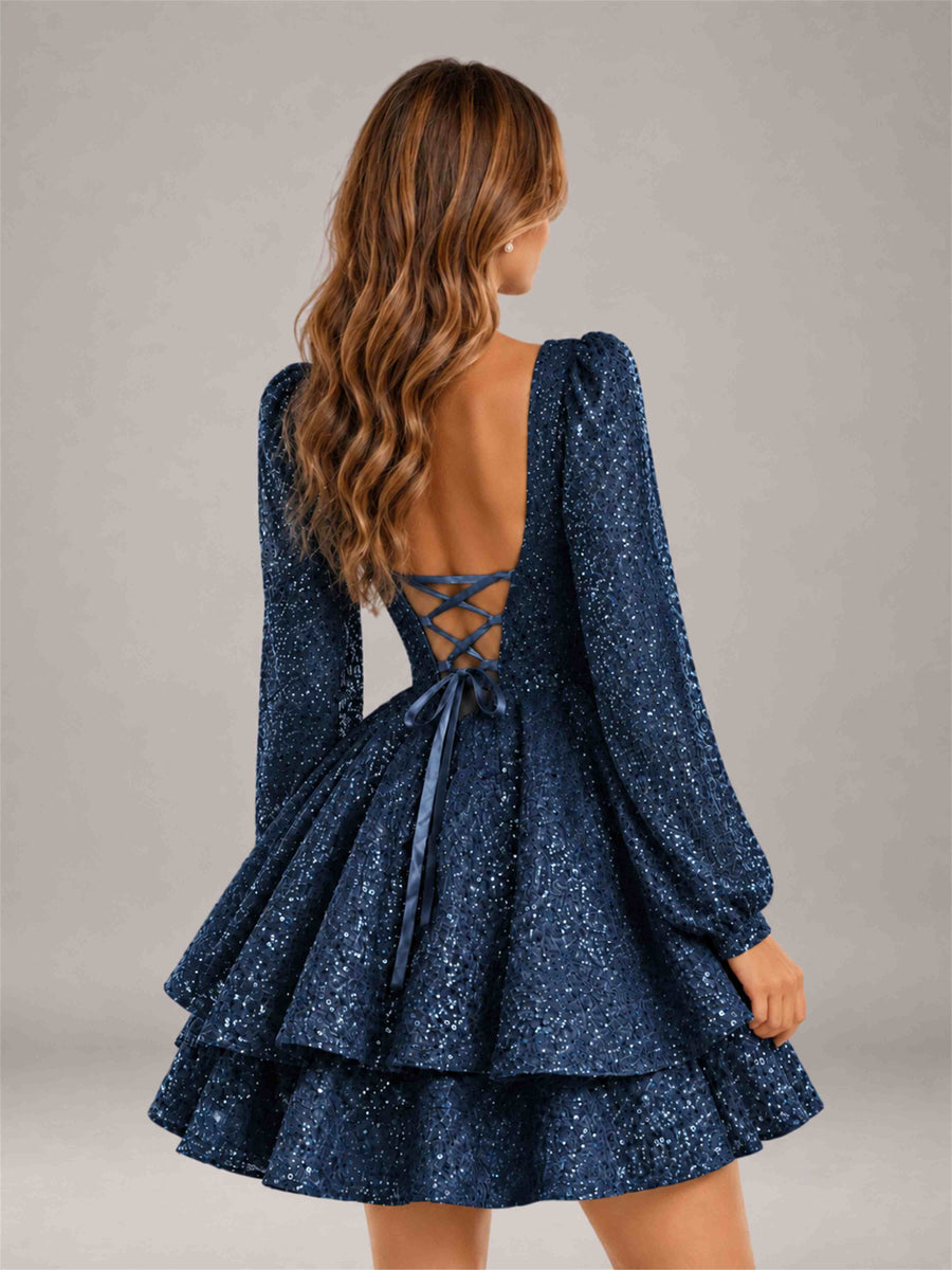 Navy Blue Velvet Sequin Square Neck Long Sleeves Mini Homecoming Dress