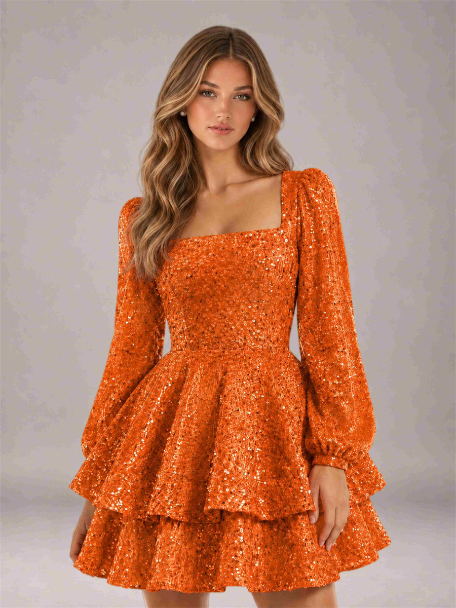 Orange Velvet Sequin Square Neck Long Sleeves Mini Homecoming Dress