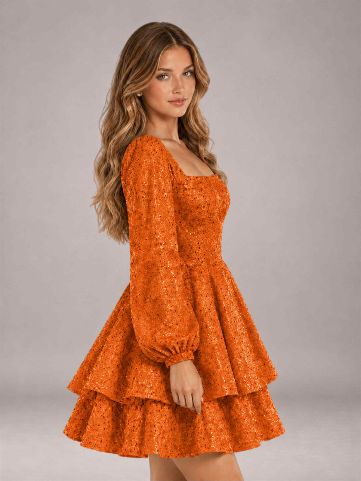 Orange Velvet Sequin Square Neck Long Sleeves Mini Homecoming Dress