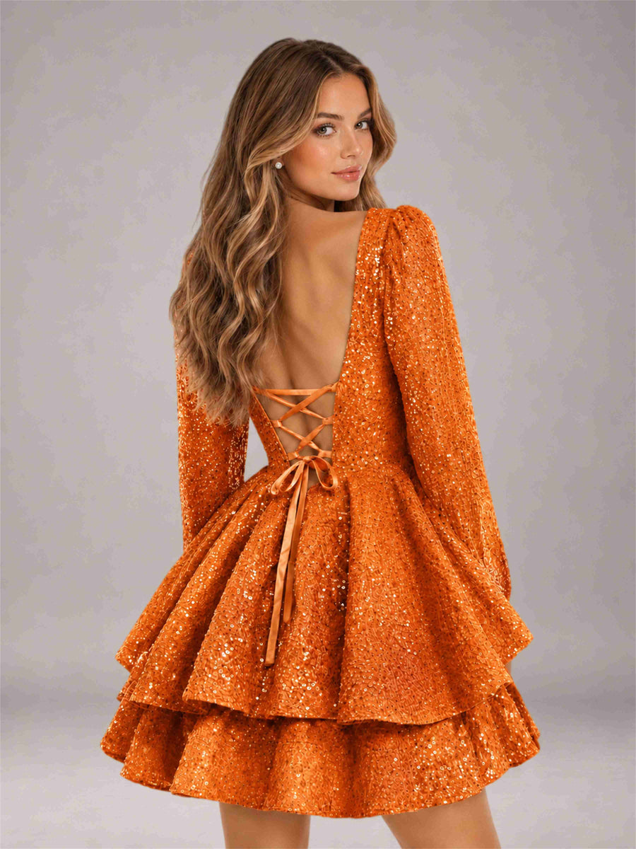 Orange Velvet Sequin Square Neck Long Sleeves Mini Homecoming Dress