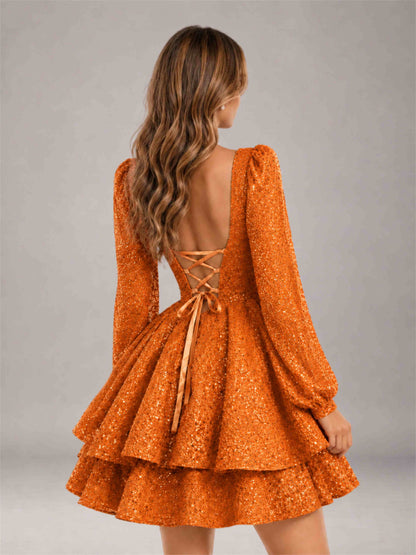 Orange Velvet Sequin Square Neck Long Sleeves Mini Homecoming Dress