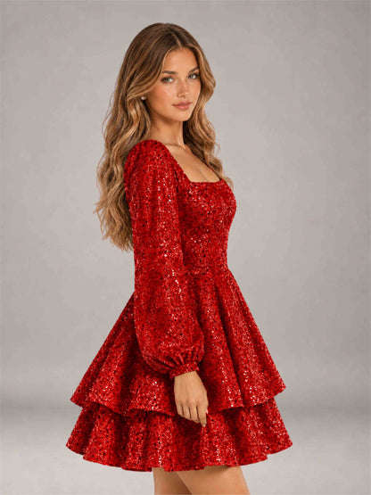 Red Velvet Sequin Square Neck Long Sleeves Mini Homecoming Dress