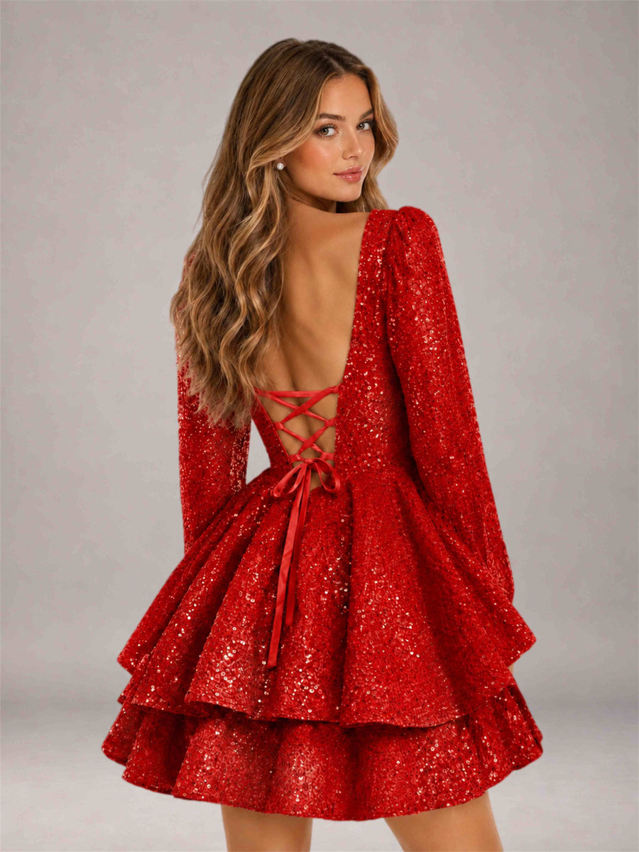 Red Velvet Sequin Square Neck Long Sleeves Mini Homecoming Dress