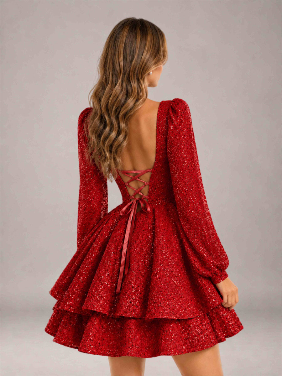 Red Velvet Sequin Square Neck Long Sleeves Mini Homecoming Dress