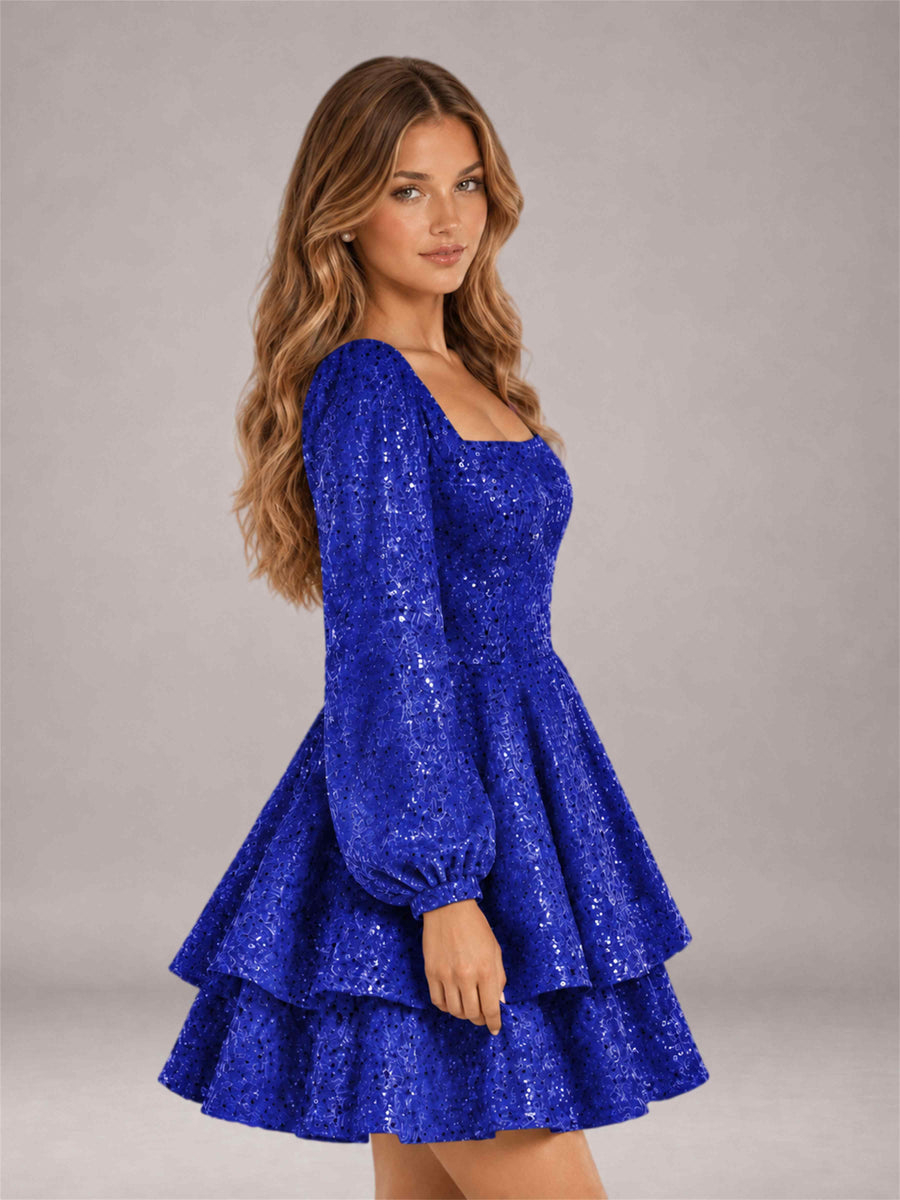 Royal Blue Velvet Sequin Square Neck Long Sleeves Mini Homecoming Dress