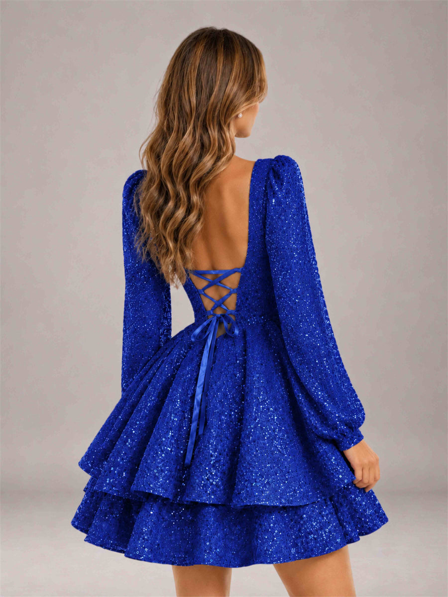 Royal Blue Velvet Sequin Square Neck Long Sleeves Mini Homecoming Dress
