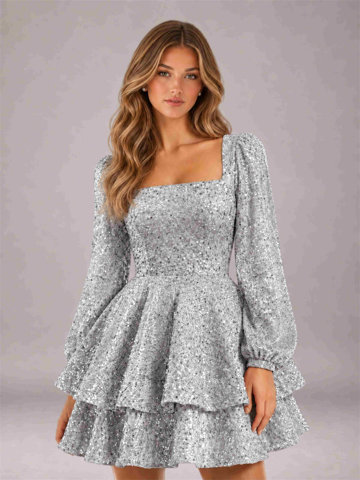 Silver Velvet Sequin Square Neck Long Sleeves Mini Homecoming Dress