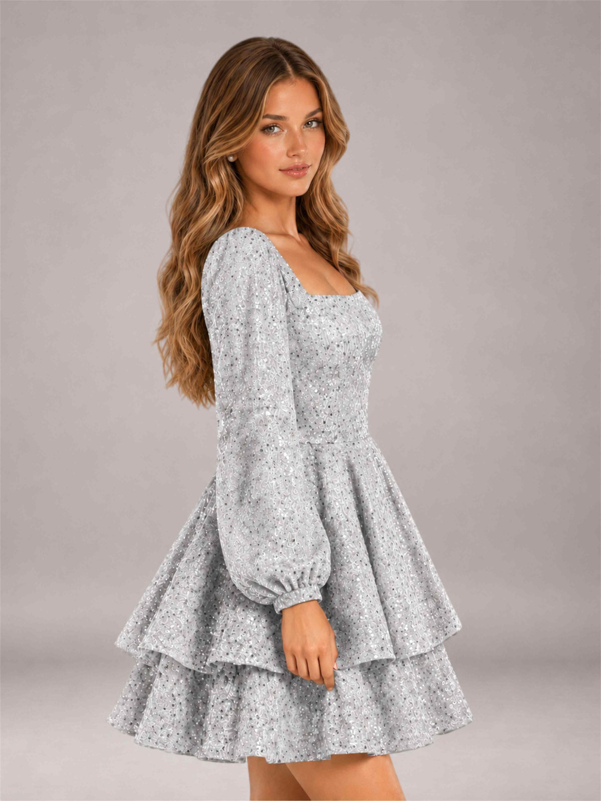 Silver Velvet Sequin Square Neck Long Sleeves Mini Homecoming Dress