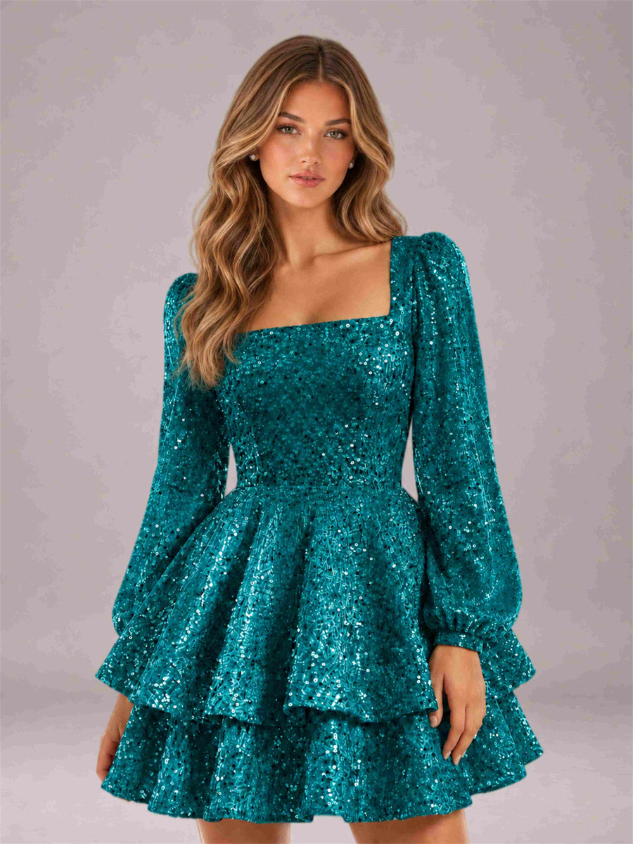 Teal Velvet Sequin Square Neck Long Sleeves Mini Homecoming Dress