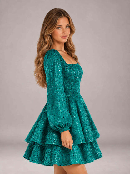 Teal Velvet Sequin Square Neck Long Sleeves Mini Homecoming Dress