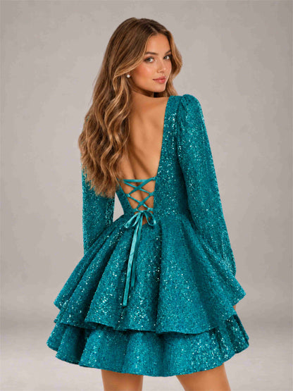 Teal Velvet Sequin Square Neck Long Sleeves Mini Homecoming Dress