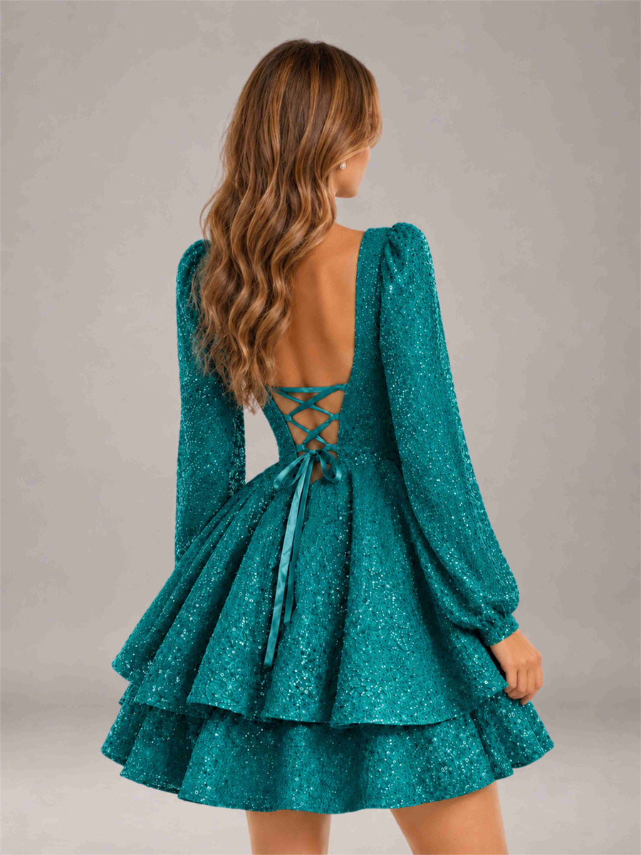 Teal Velvet Sequin Square Neck Long Sleeves Mini Homecoming Dress