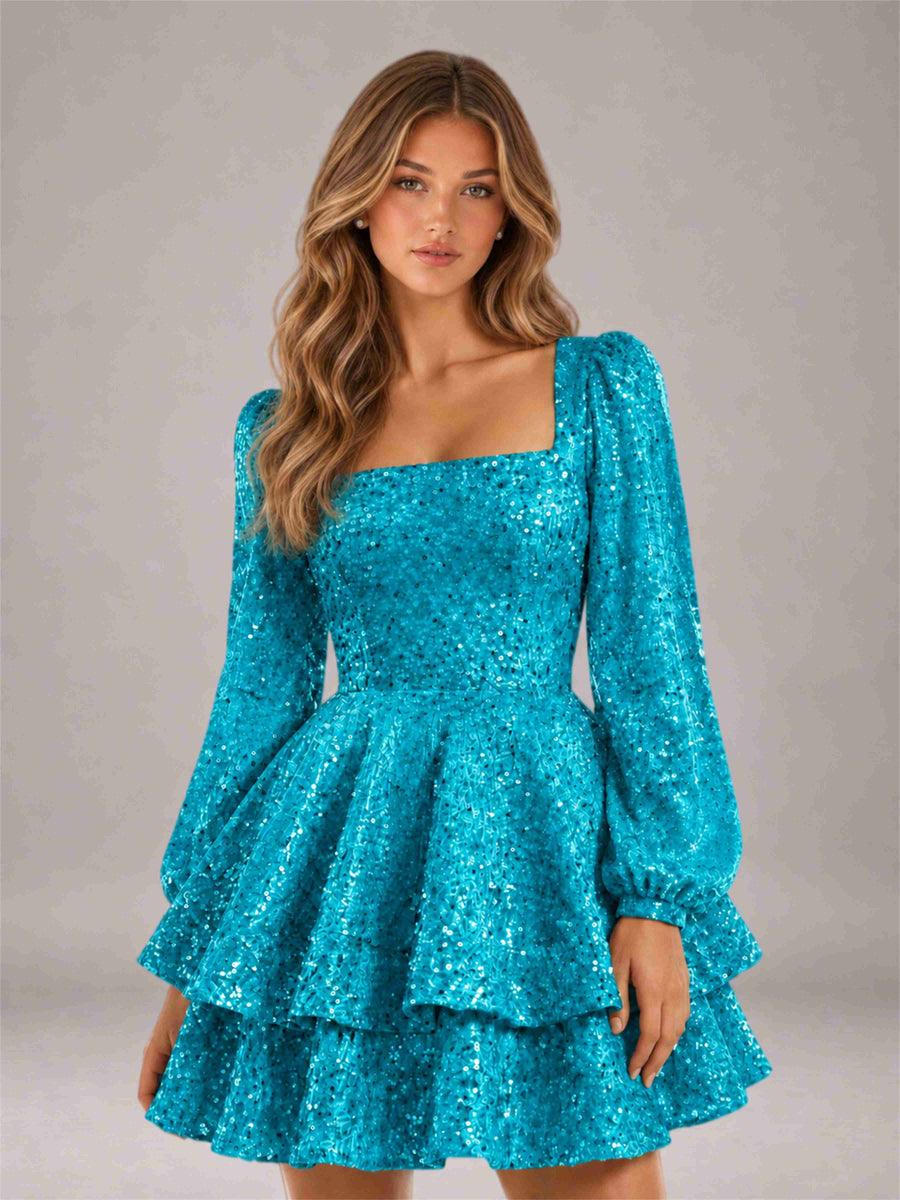 Turquoise Velvet Sequin Square Neck Long Sleeves Mini Homecoming Dress